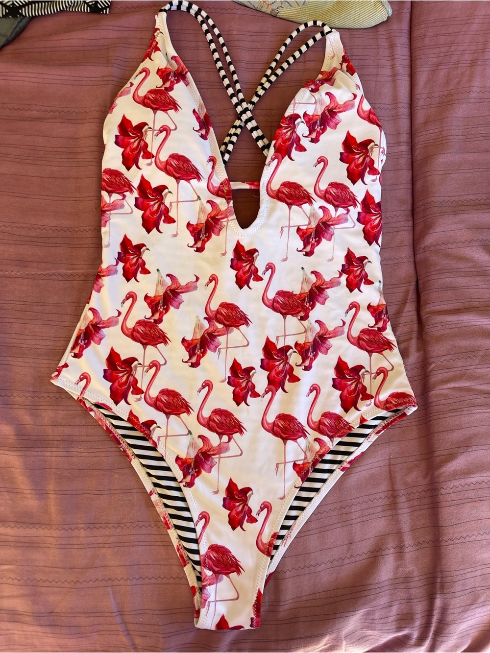 Amazon Women's White One-Piece Swimsuit with pink Flamingo Print
